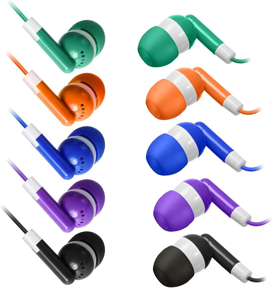 Bulk Earbuds 50 Pack for Classroom -  Wholesale Earbuds Headphones Wired Stereo Earphones Multi Color for Kids Toddlers Teen at School Library Room Homeschool Online Teaching