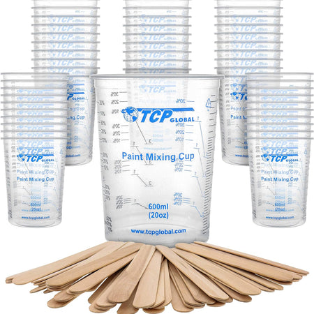 20 Ounce (600Ml) Disposable Flexible Clear Graduated Plastic Mixing Cups - Box of 50 Cups & 50 Mixing Sticks - Use for Paint, Resin, Epoxy, Art, Kitchen - Measuring Ratios 2-1, 3-1, 4-1, ML