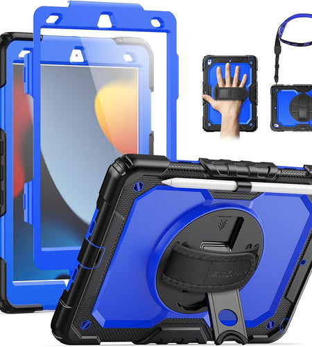 Case Ipad 9Th Generation Kids Ipad 10.2 Case 2021, Full-Body Shock Protective Ipad 7/8/9 Case with Screen Protector Rotating Hand Strap Stand for Ipad 10.2-Inch 9Th/8Th/7Th Gen, Black/Blue