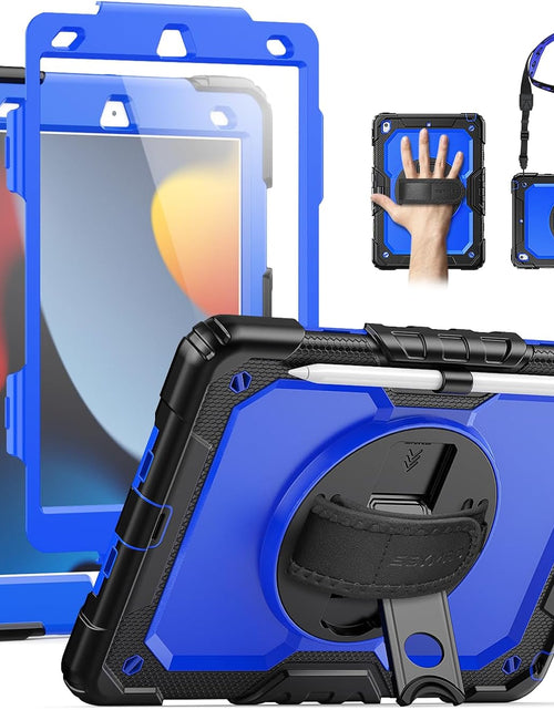 Load image into Gallery viewer, Case Ipad 9Th Generation Kids Ipad 10.2 Case 2021, Full-Body Shock Protective Ipad 7/8/9 Case with Screen Protector Rotating Hand Strap Stand for Ipad 10.2-Inch 9Th/8Th/7Th Gen, Black/Blue
