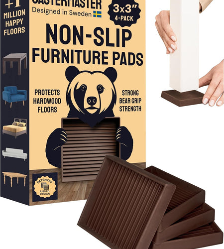 3X3 Square Rubber Furniture Caster Cups with Anti-Sliding Floor Grip (Set of 4) Brown