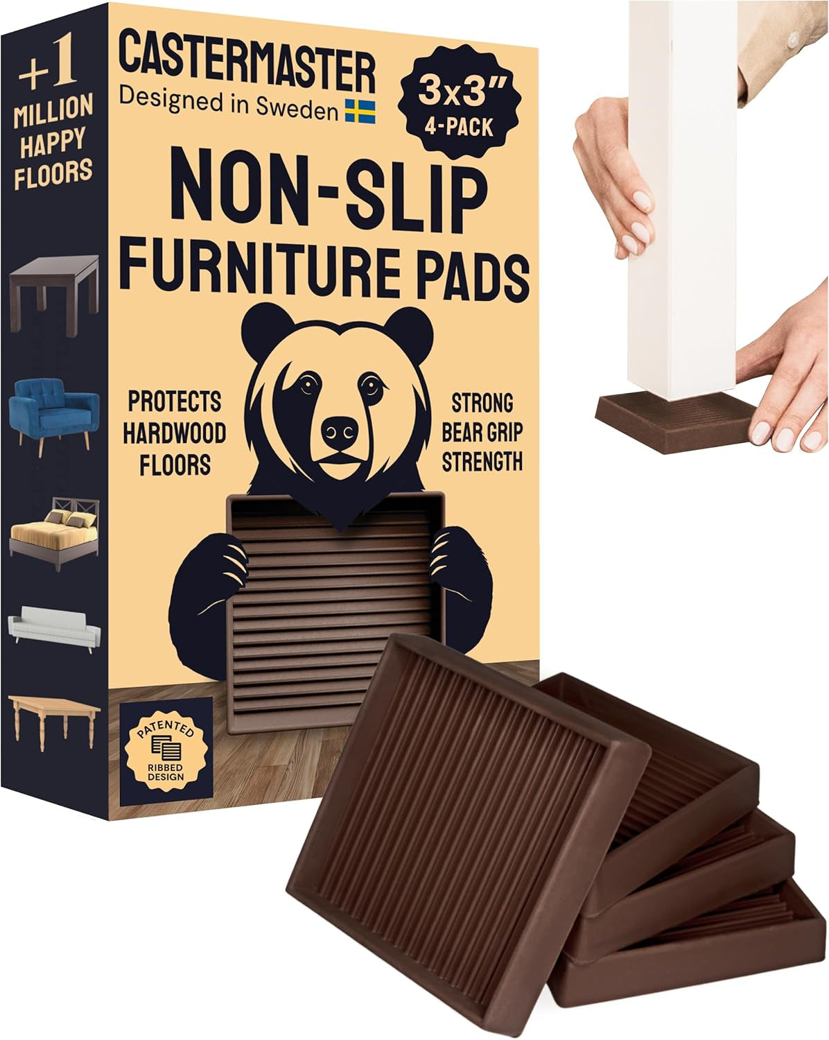 3X3 Square Rubber Furniture Caster Cups with Anti-Sliding Floor Grip (Set of 4) Brown