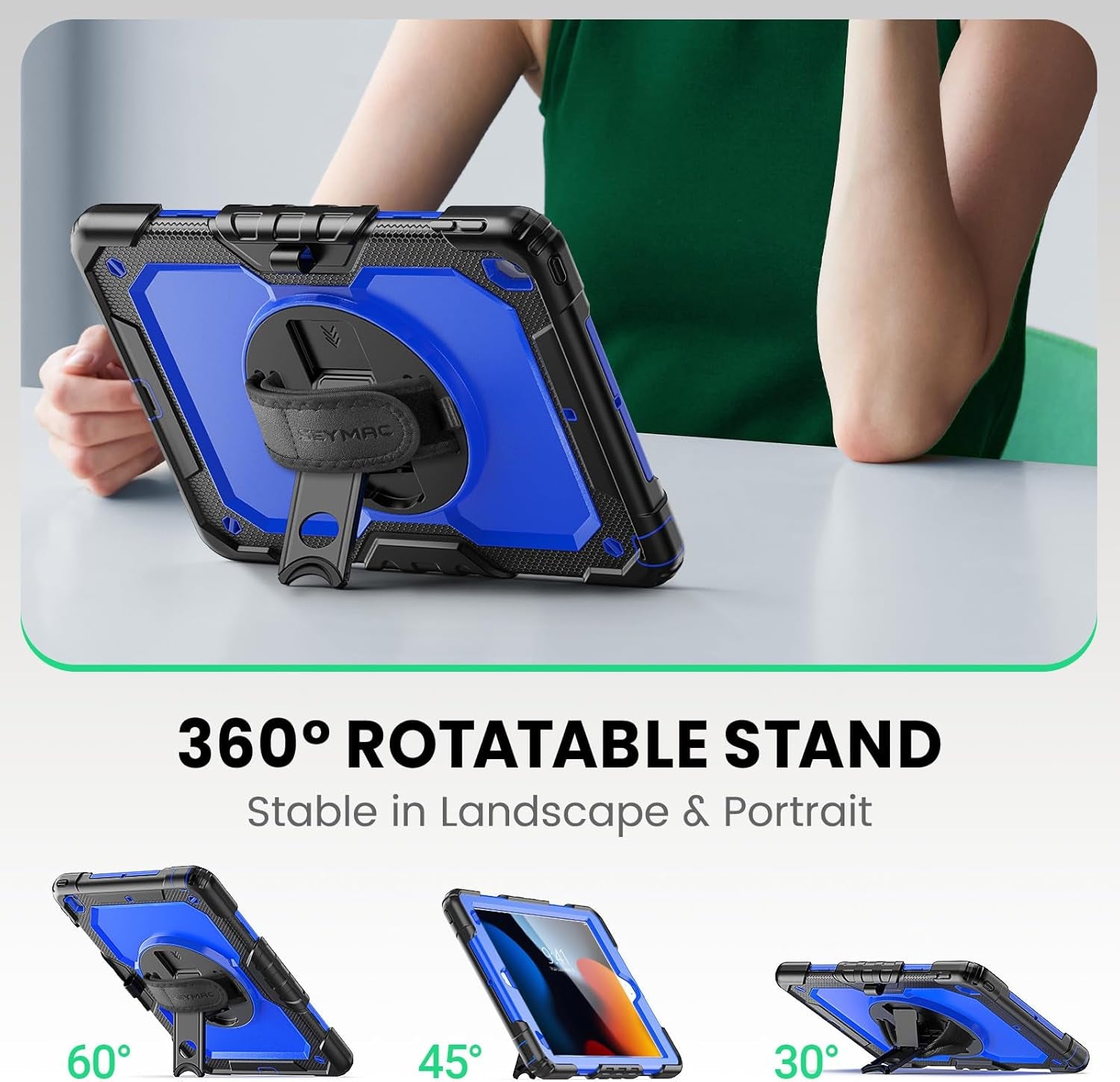 Case Ipad 9Th Generation Kids Ipad 10.2 Case 2021, Full-Body Shock Protective Ipad 7/8/9 Case with Screen Protector Rotating Hand Strap Stand for Ipad 10.2-Inch 9Th/8Th/7Th Gen, Black/Blue