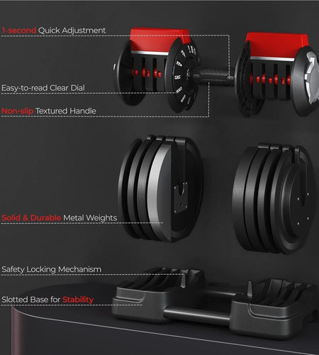 Adjustable Anti-Slip 3-In-1 Nylon Dumbbell Weight Set, 7-52.5Lbs, (Black & Red)