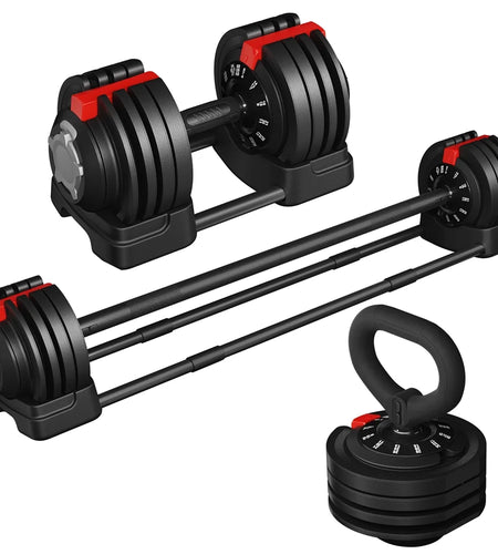 Adjustable Anti-Slip 3-In-1 Nylon Dumbbell Weight Set, 7-52.5Lbs, (Black & Red)