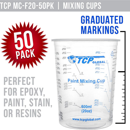 20 Ounce (600Ml) Disposable Flexible Clear Graduated Plastic Mixing Cups - Box of 50 Cups & 50 Mixing Sticks - Use for Paint, Resin, Epoxy, Art, Kitchen - Measuring Ratios 2-1, 3-1, 4-1, ML