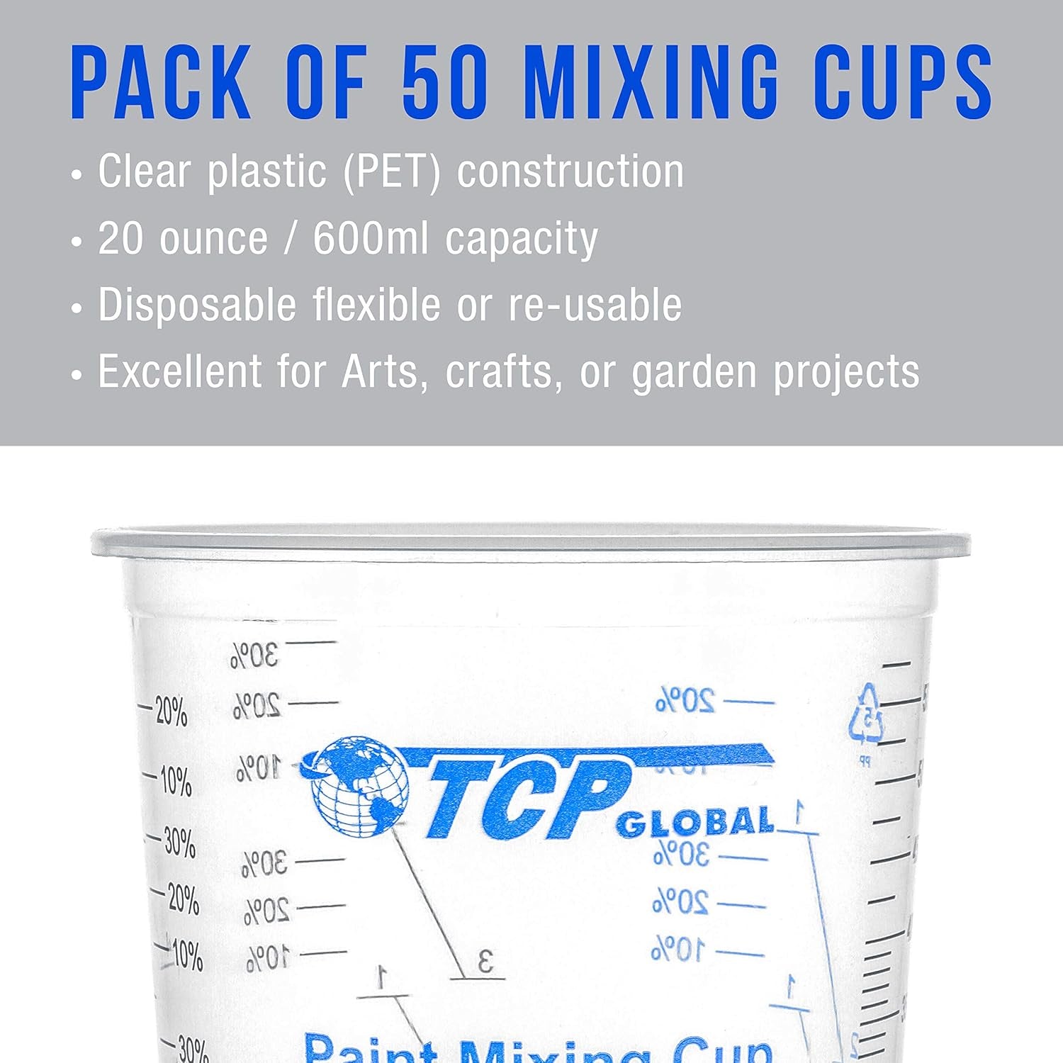 20 Ounce (600Ml) Disposable Flexible Clear Graduated Plastic Mixing Cups - Box of 50 Cups & 50 Mixing Sticks - Use for Paint, Resin, Epoxy, Art, Kitchen - Measuring Ratios 2-1, 3-1, 4-1, ML