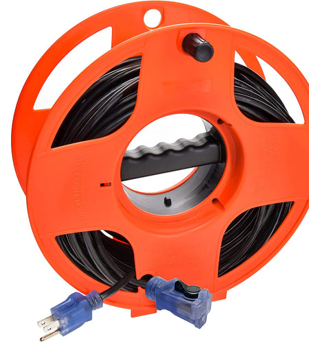 80Ft Outdoor Extension Cord 16/3 SJTW, Black, with Lighted-Locking Connector & Cord Storage Wheel, Water & Weather Resistant Flame Retardant, DCCO-9004-DC