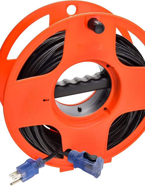 Load image into Gallery viewer, 80Ft Outdoor Extension Cord 16/3 SJTW, Black, with Lighted-Locking Connector &amp; Cord Storage Wheel, Water &amp; Weather Resistant Flame Retardant, DCCO-9004-DC
