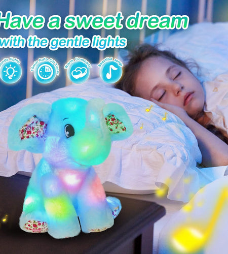 12‘’ Musical Light up Elephant Plush Toy Floppy LED Stuffed Animals Lullabies Nightlight Bedtime for Kids Birthday for Toddlers, Blue