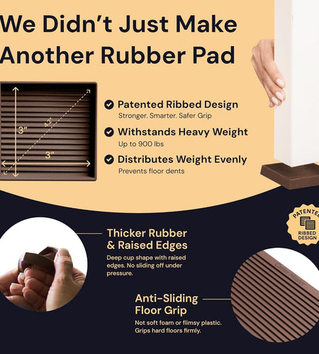 3X3 Square Rubber Furniture Caster Cups with Anti-Sliding Floor Grip (Set of 4) Brown