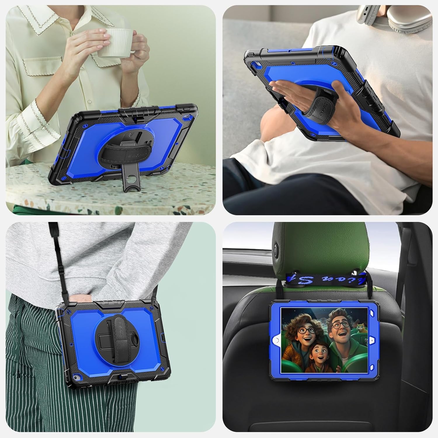 Case Ipad 9Th Generation Kids Ipad 10.2 Case 2021, Full-Body Shock Protective Ipad 7/8/9 Case with Screen Protector Rotating Hand Strap Stand for Ipad 10.2-Inch 9Th/8Th/7Th Gen, Black/Blue