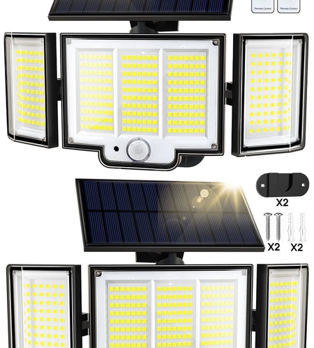 Solar Lights Outdoor , 348 LED 3000LM Solar Motion Sensor Security Lights, Solar Flood Lights with Remote, 3 Lighting Modes Waterproof Solar Wall Lights for Yard,Garage,Patio Entryways, 2Pack