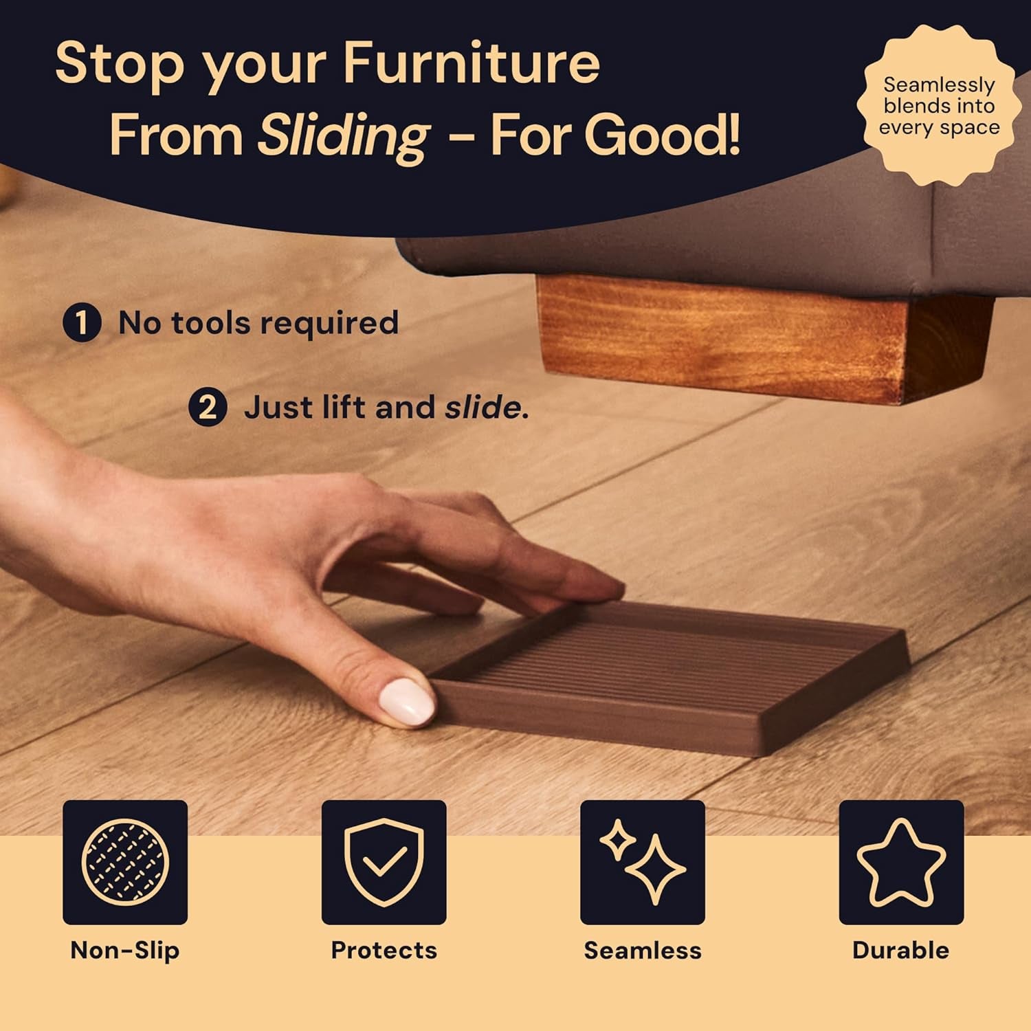 3X3 Square Rubber Furniture Caster Cups with Anti-Sliding Floor Grip (Set of 4) Brown