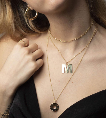 18K Gold Paperclip Chain Choker Satellite Chain Lava Bead Pendant Necklace Dainty Jewelry for Women 16''