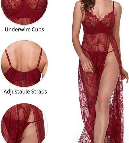 Women'S plus Size Lingerie Sexy Split Maxi Long Gown Sheer Dress