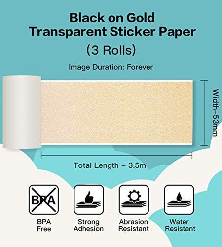 Adhesive Transparent Gold Thermal Paper for  M02/M02 Pro/M02S/M03 Mini Pocket Printer 50Mm X 3.5M, Diameter 30Mm, 3 Rolls