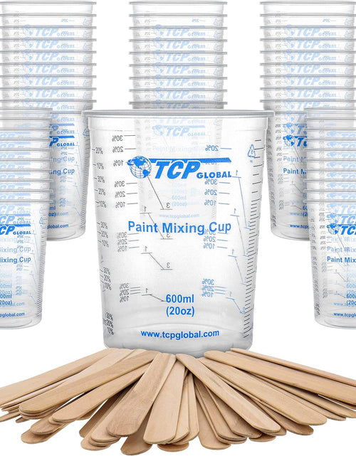 Load image into Gallery viewer, 20 Ounce (600Ml) Disposable Flexible Clear Graduated Plastic Mixing Cups - Box of 50 Cups &amp; 50 Mixing Sticks - Use for Paint, Resin, Epoxy, Art, Kitchen - Measuring Ratios 2-1, 3-1, 4-1, ML
