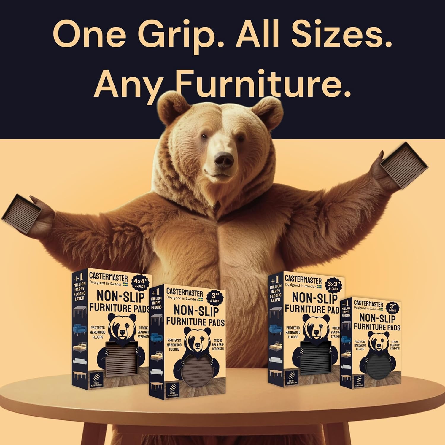 3X3 Square Rubber Furniture Caster Cups with Anti-Sliding Floor Grip (Set of 4) Brown