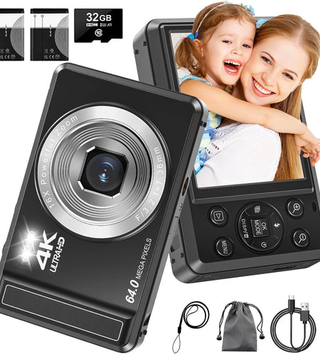 Digital Camera 4K UHD 44MP Vlogging Camera, Autofocus Compact Camera with 16X Digital Zoom, Point and Shoot Digital Camera with 32GB SD Card & 2 Batteries