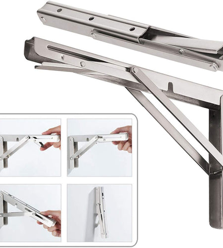 14'' Folding Shelf Brackets Max. Load 440 Lb, Heavy Duty Stainless Steel DIY Wall Mounted Shelf Bracket Space Saving for Table Work Bench, Pack of 2